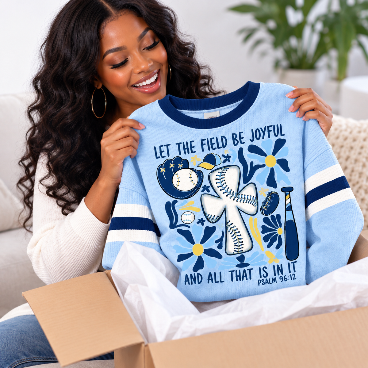 Light Blue Baseball Floral Waffle Sweatshirt
