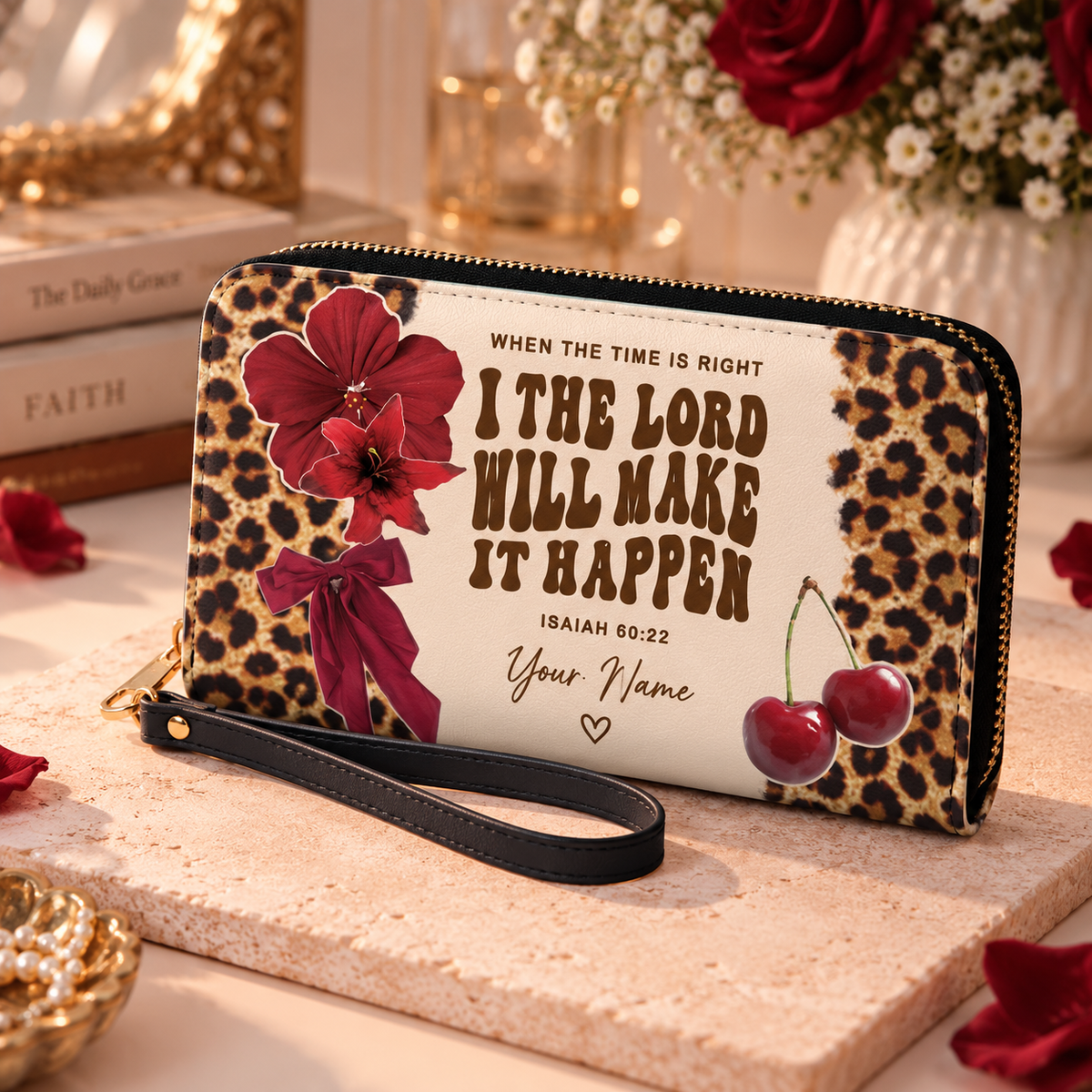Leopard Floral & Cherries Personalized PU Leather Long Wallet