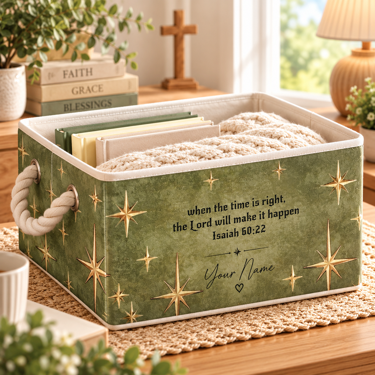 Olive Green Gold Star Personalized Storage Basket