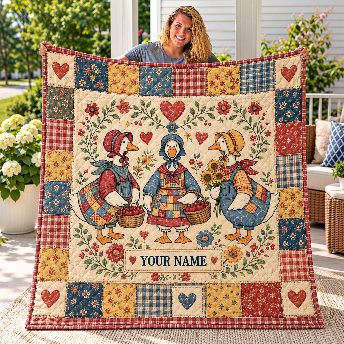 Country Geese Floral Patchwork Personalized Quilt
