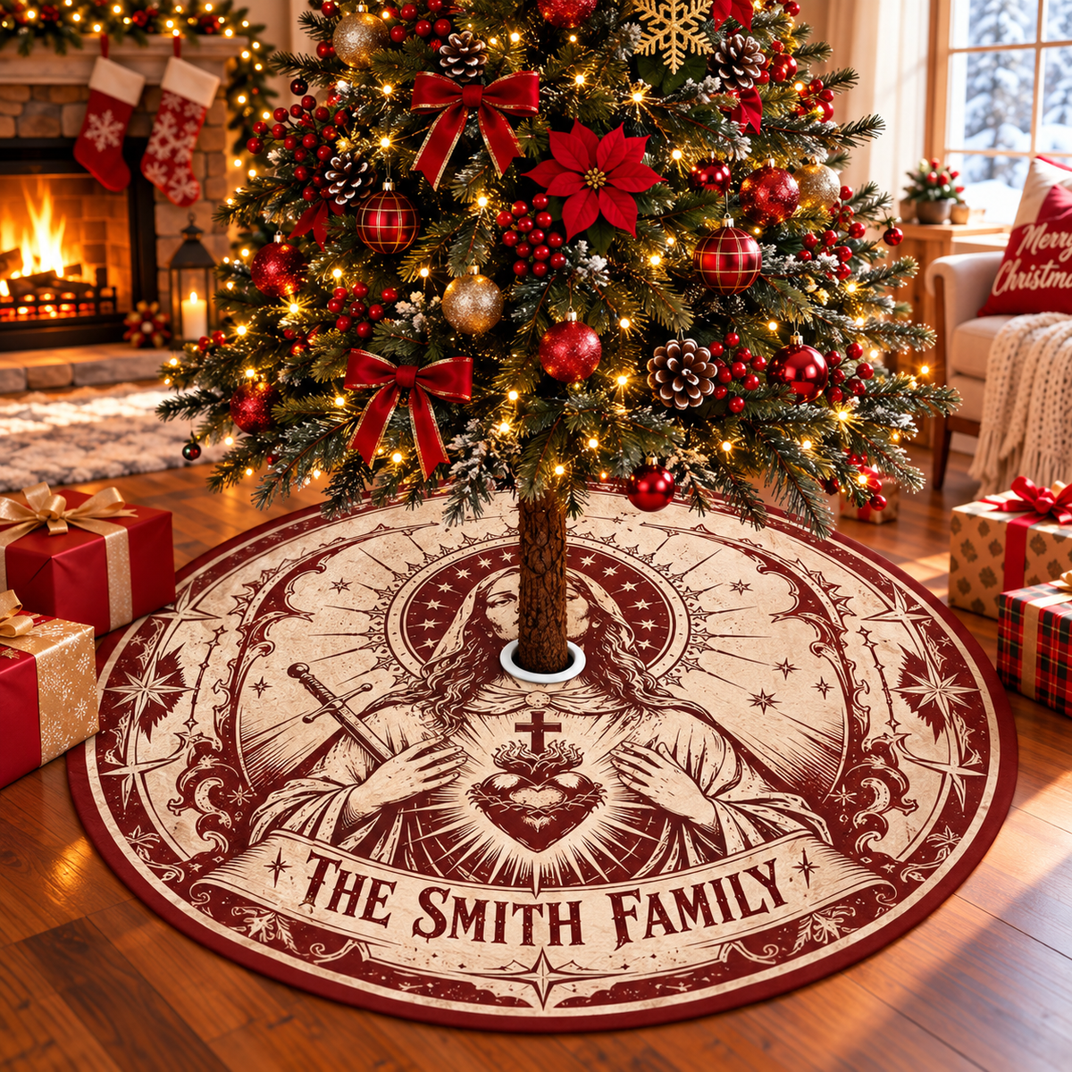 Vintage Sacred Heart Jesus Personalized Christmas Tree Skirt