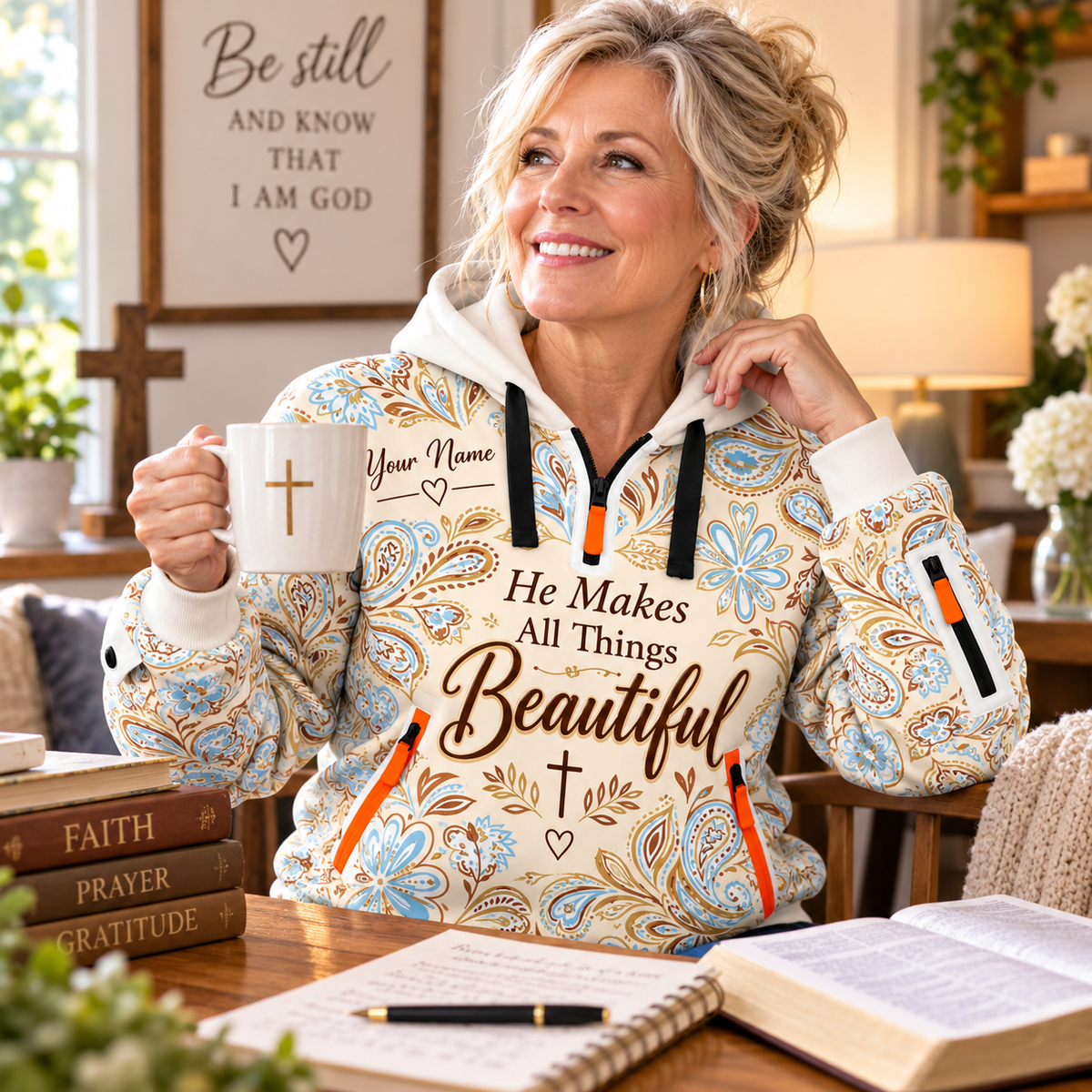 Blue Floral Paisley Personalized Half-Zip Hoodie