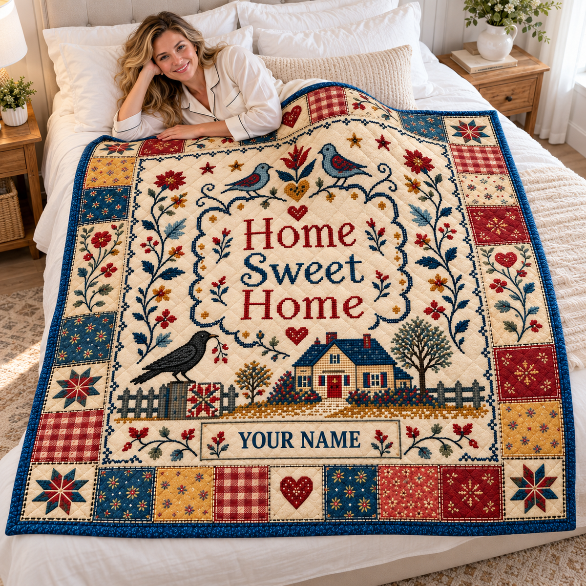 Home Sweet Home Folk Art Personalized Quilt