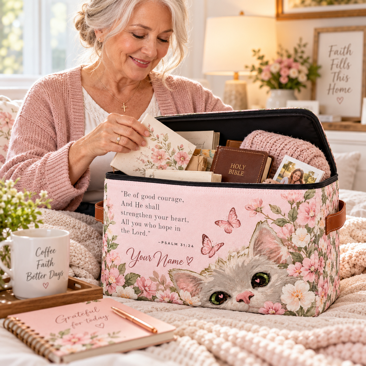 Pink Floral Kitten Personalized Square Storage Basket With Lid