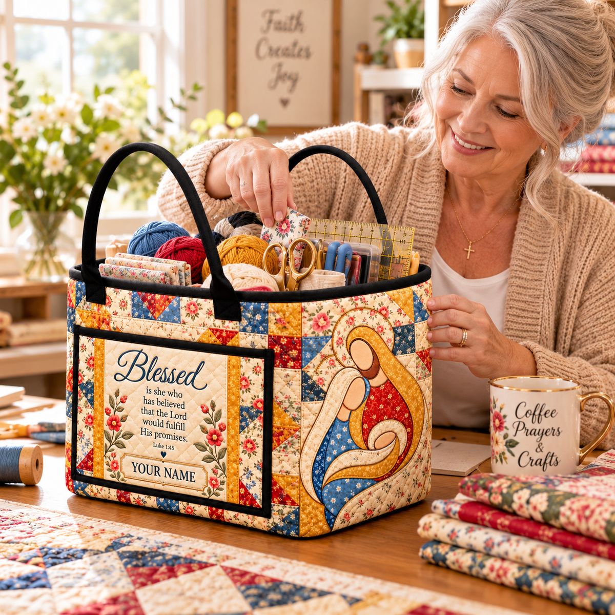 Family Floral Patchwork Personalized Quilted Storage Basket