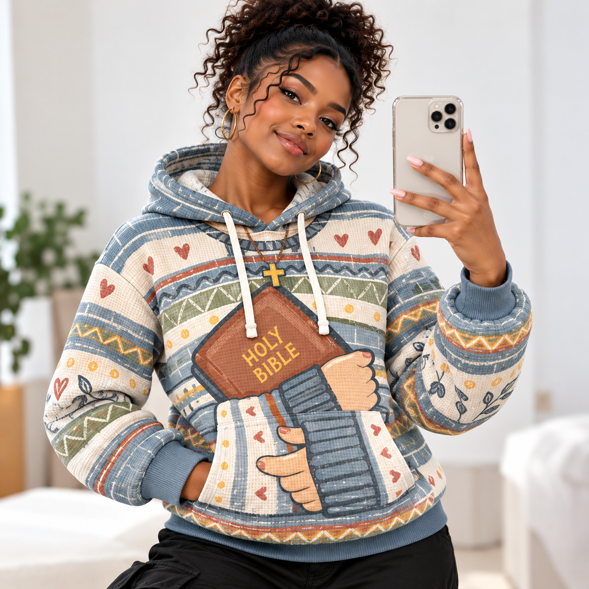 Blue Geometric Stripes and Hearts Waffle Hoodie