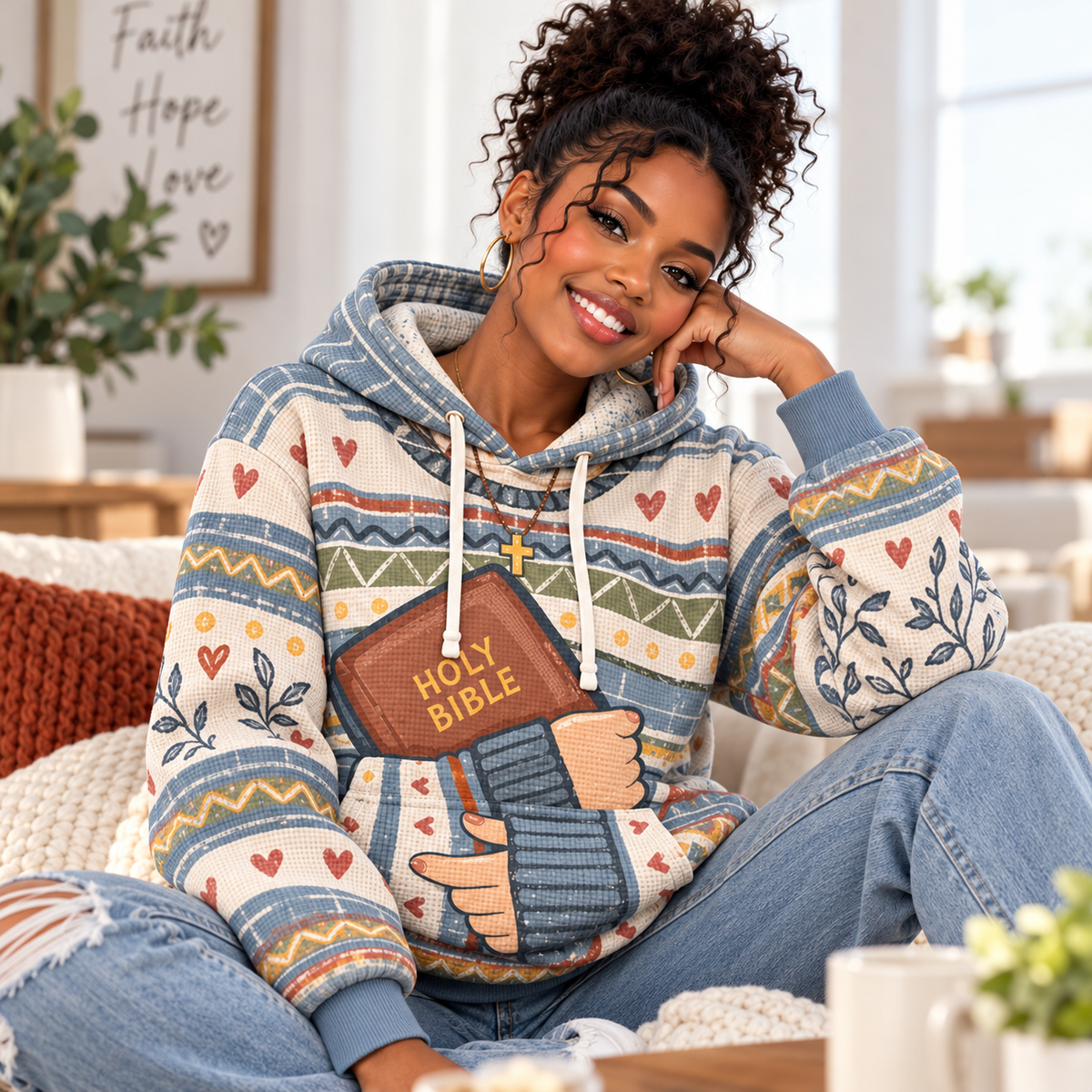Blue Geometric Stripes and Hearts Waffle Hoodie
