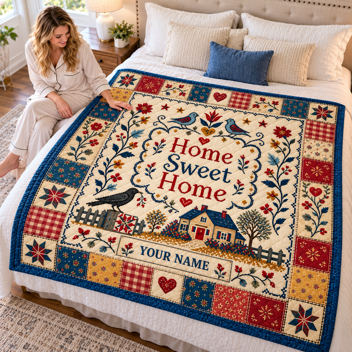 Home Sweet Home Folk Art Personalized Quilt
