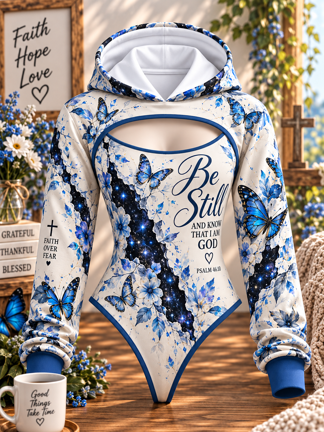 Be Still Blue Galaxy Butterfly Hooded Jumpsuit
