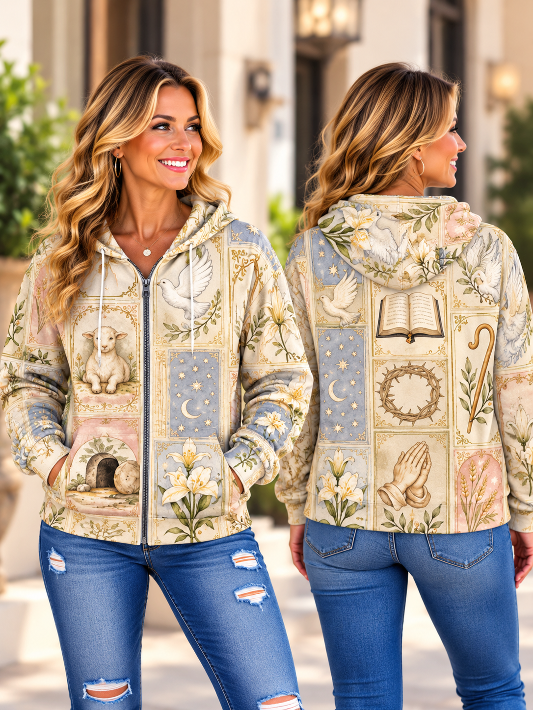 Christian Symbols Floral Zip Hoodie