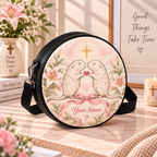 Otter Couple Pink Lily Personalized Leather Round Bag