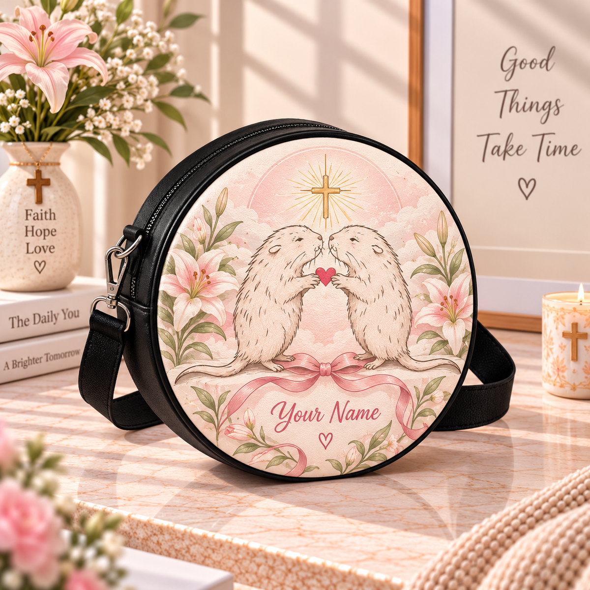 Otter Couple Pink Lily Personalized Leather Round Bag