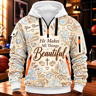 Blue Floral Paisley Personalized Half-Zip Hoodie