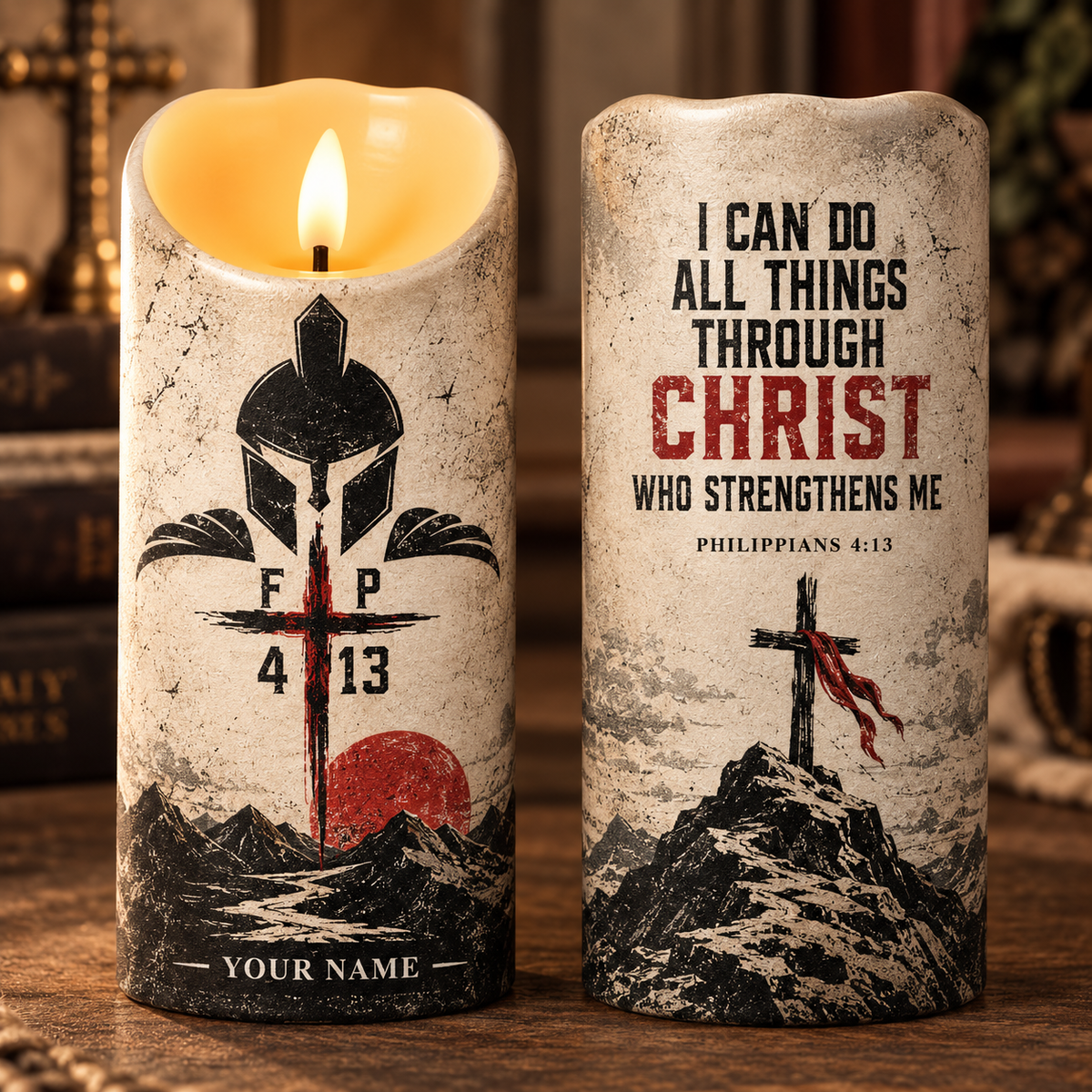 Philippians 4:13 Warrior Helmet Personalized Flameless LED Candle