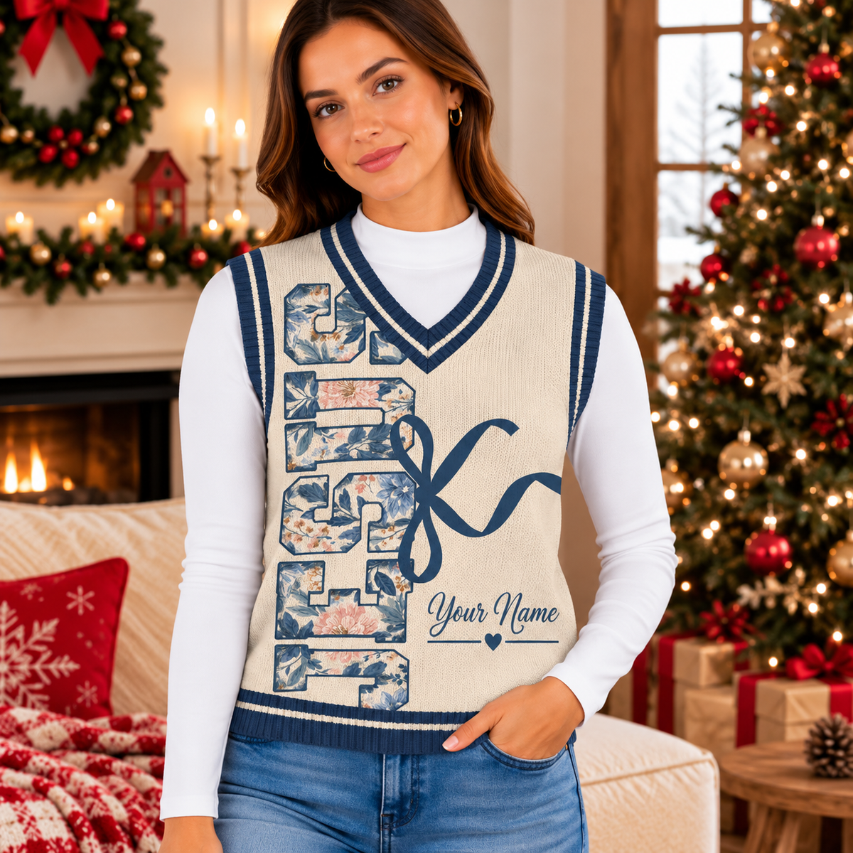 Navy Floral Bow Personalized Knitted V-Neck Vest