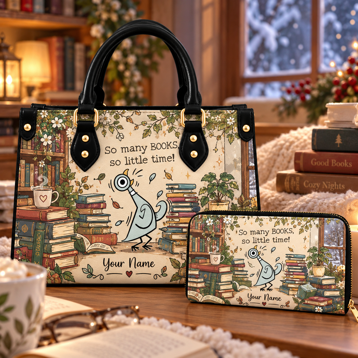 Cozy Bookish Bird Personalized PU Leather Handbag & Leather Long Wallet