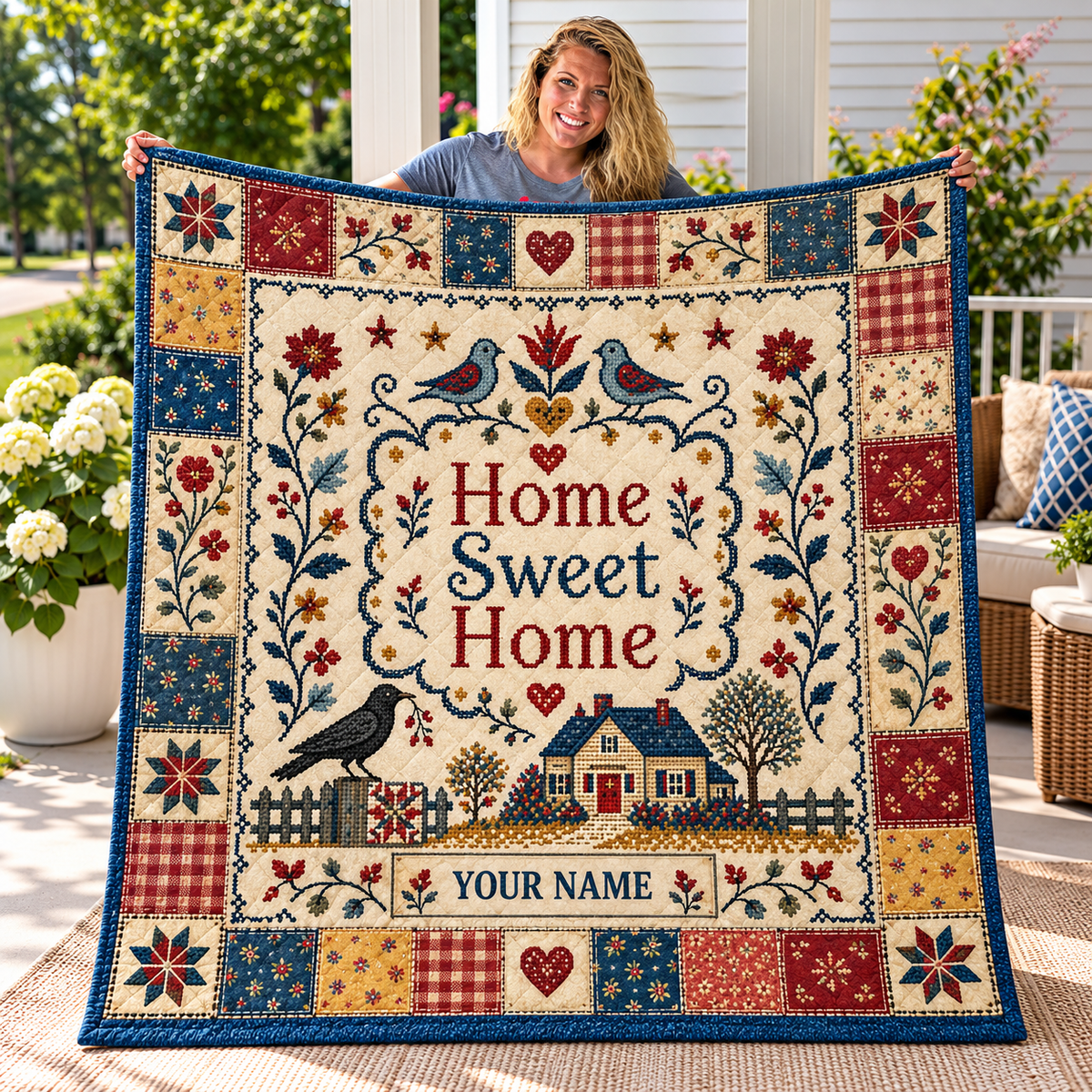 Home Sweet Home Folk Art Personalized Quilt