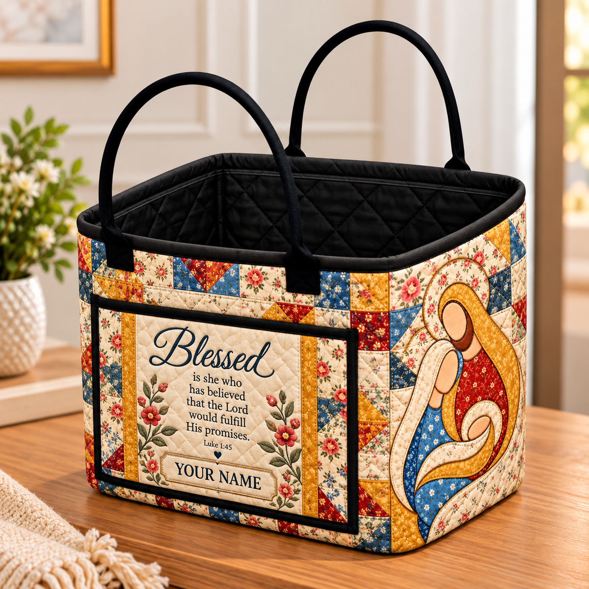 Family Floral Patchwork Personalized Quilted Storage Basket