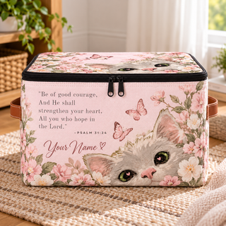 Pink Floral Kitten Personalized Square Storage Basket With Lid