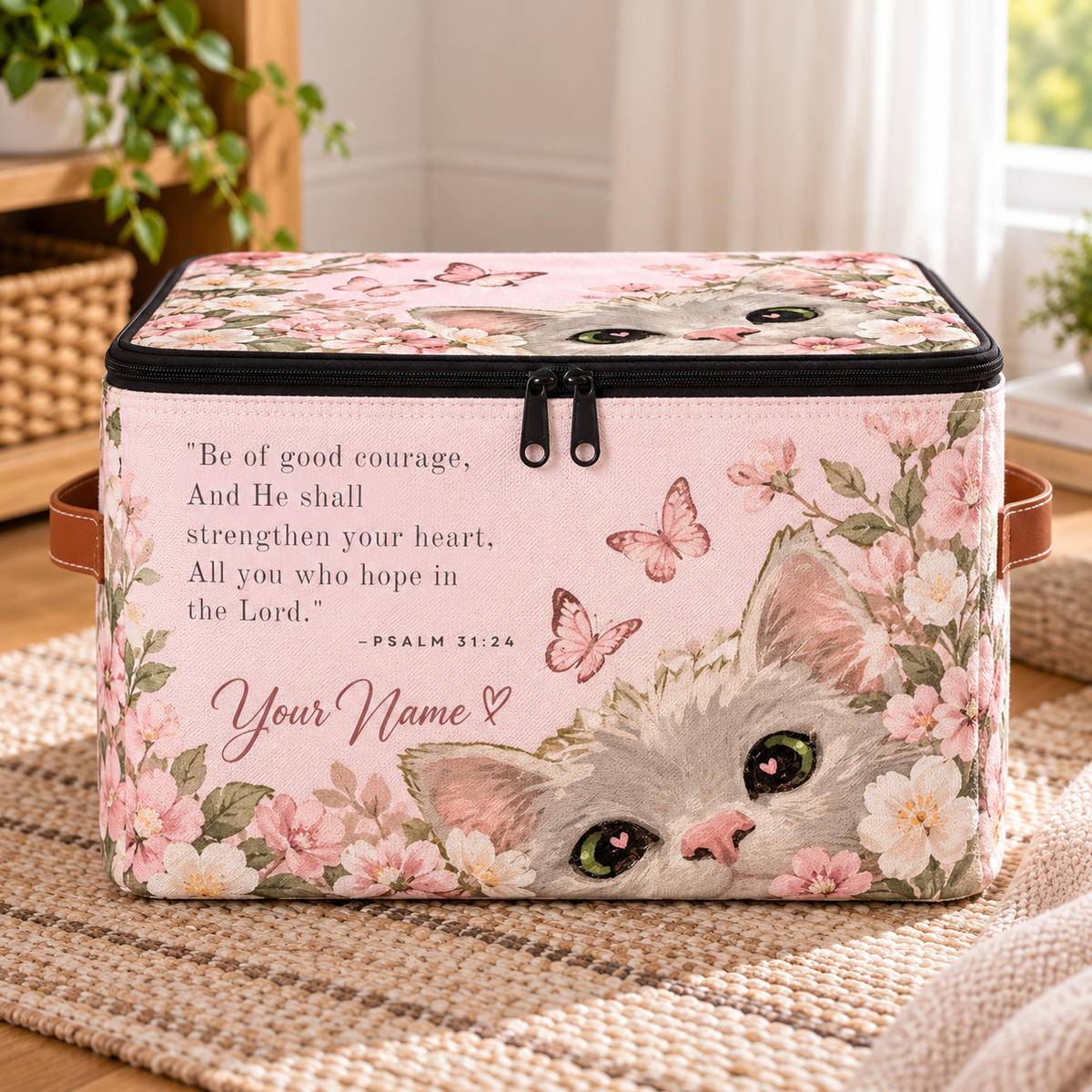 Pink Floral Kitten Personalized Square Storage Basket With Lid