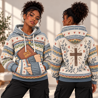 Blue Geometric Stripes and Hearts Waffle Hoodie