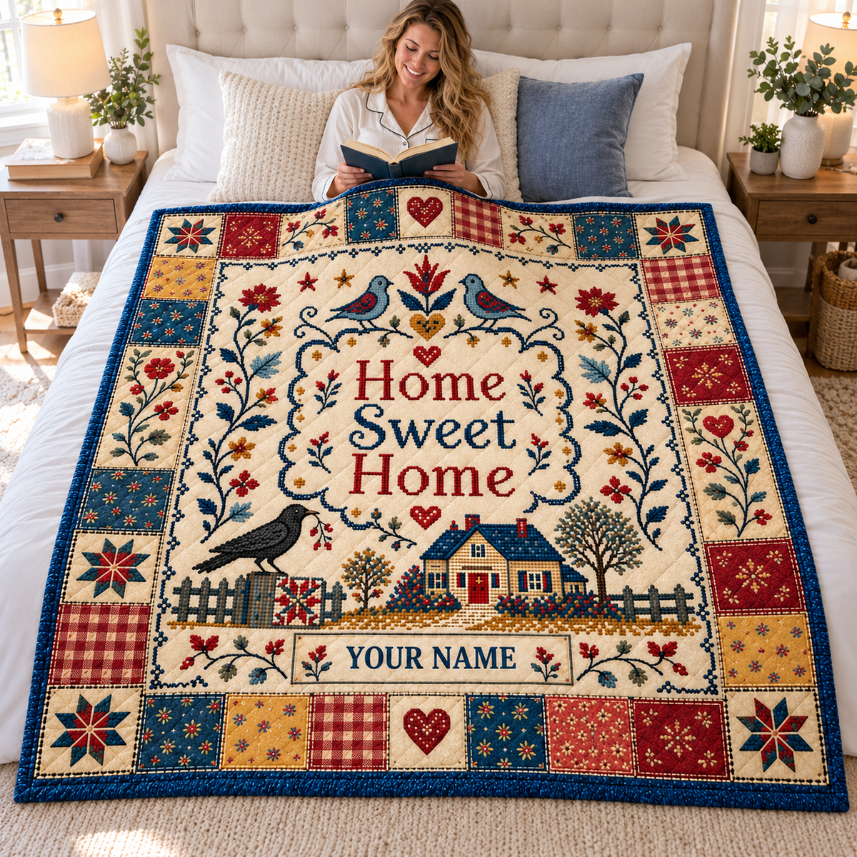 Home Sweet Home Folk Art Personalized Quilt