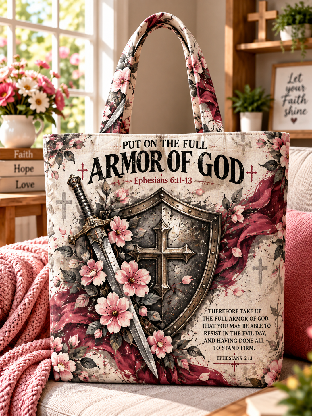 Put On The Full Armor Of God cross shield and sword canvas tote bag