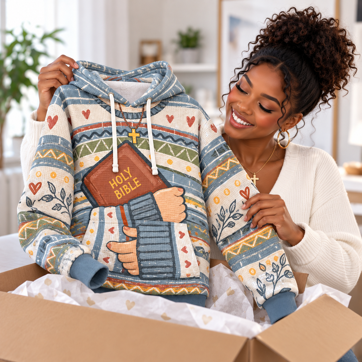 Blue Geometric Stripes and Hearts Waffle Hoodie