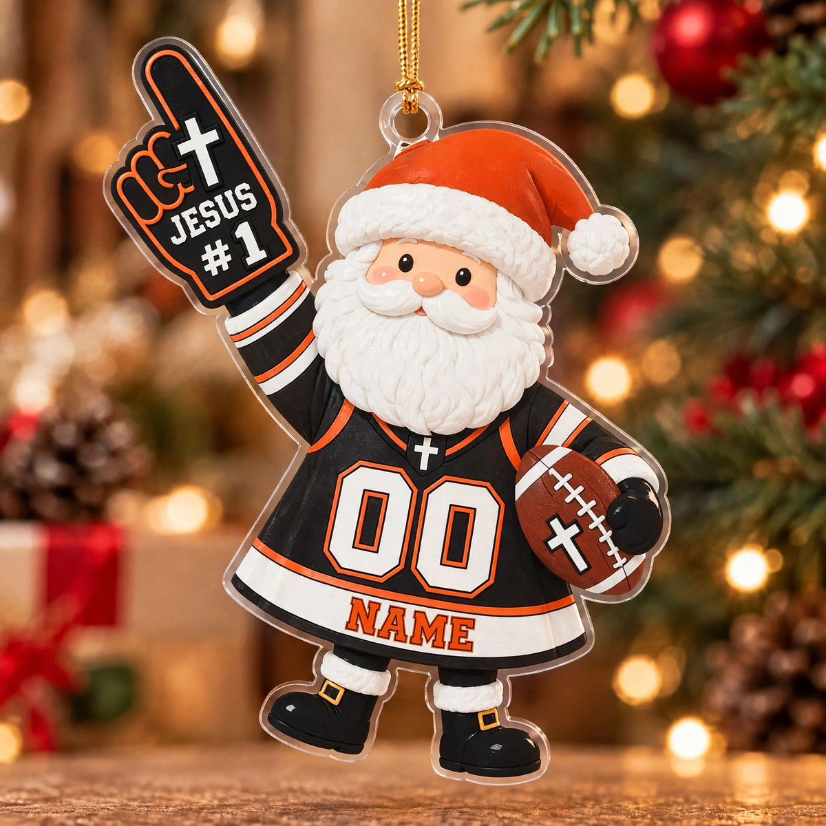 Jesus #1 Black Orange Football Santa Personalized Sports Ornament