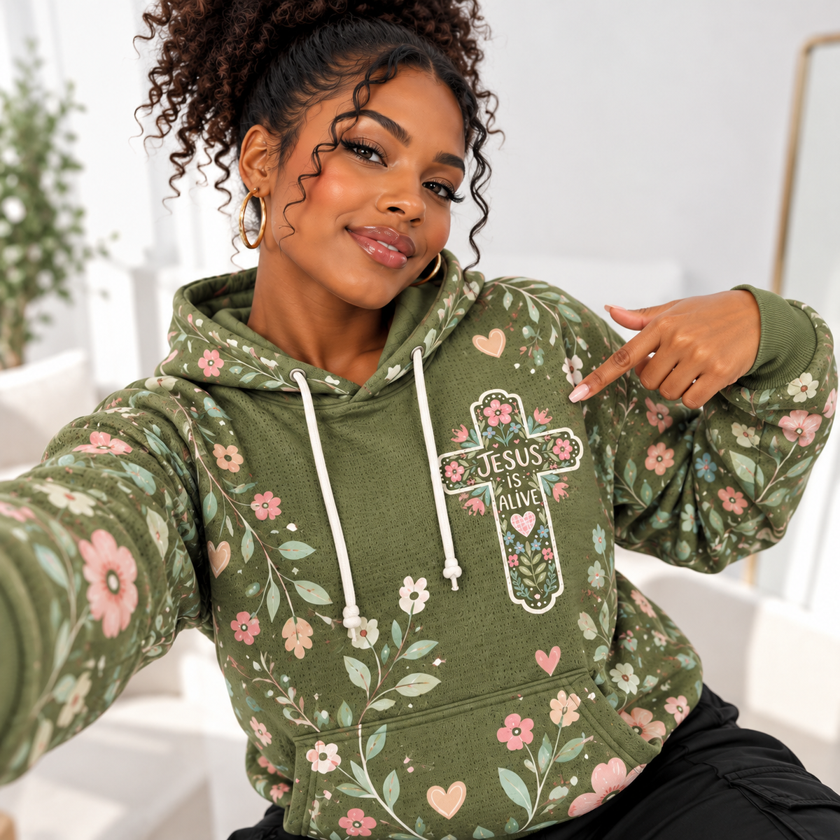 Olive Green Floral Hearts Waffle Hoodie