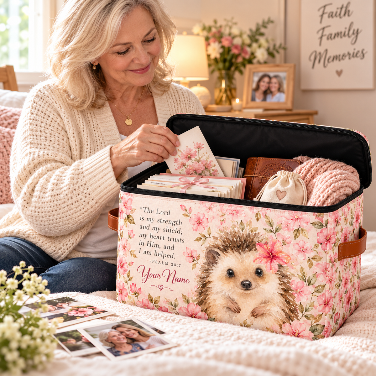 Pink Floral Hedgehog Personalized Square Storage Basket With Lid