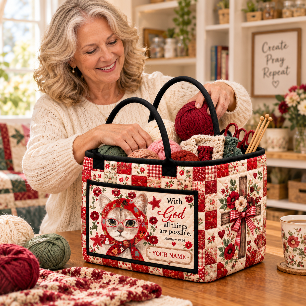 Red Scarf Cat Personalized Quilted Storage Basket