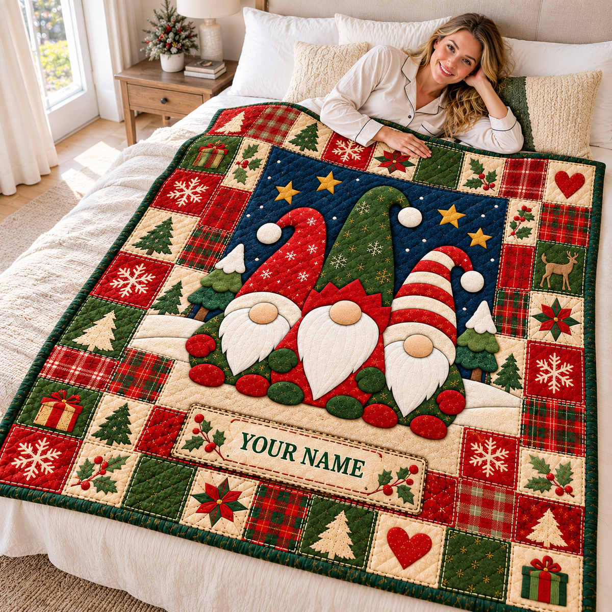 Winter Gnome Trio Patchwork Personalized Quilt