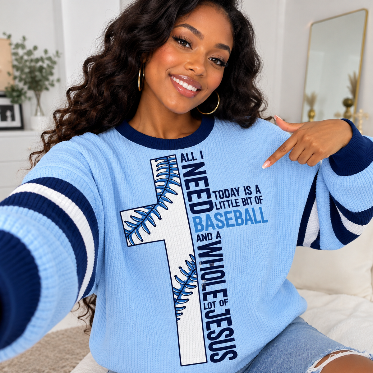 Light Blue Baseball Stitch Waffle Sweatshirt