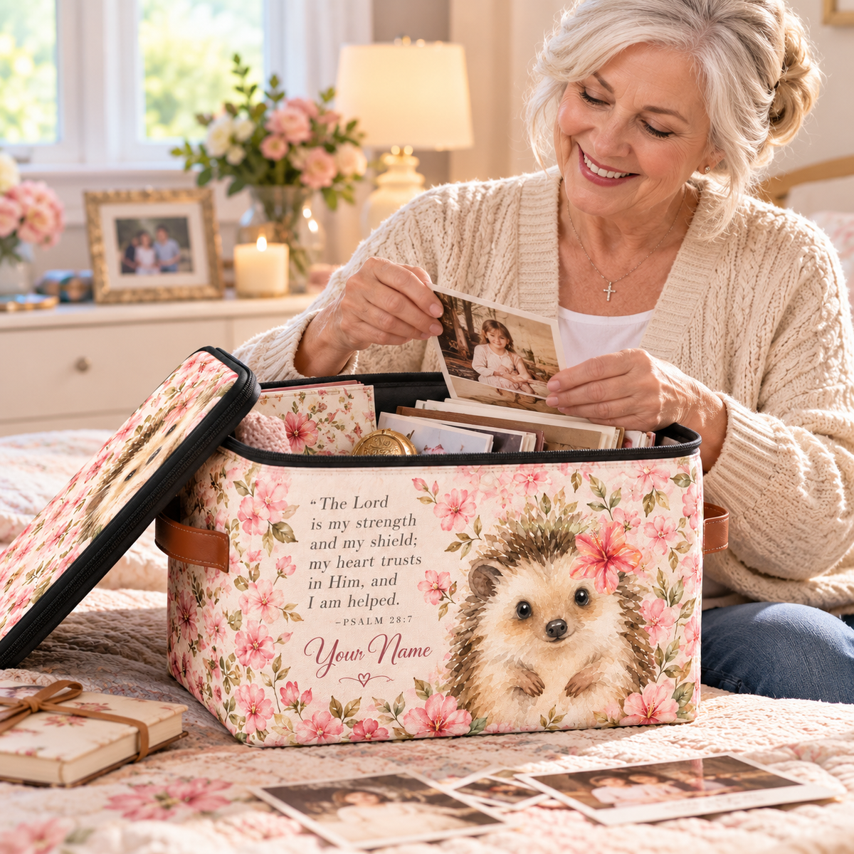 Pink Floral Hedgehog Personalized Square Storage Basket With Lid
