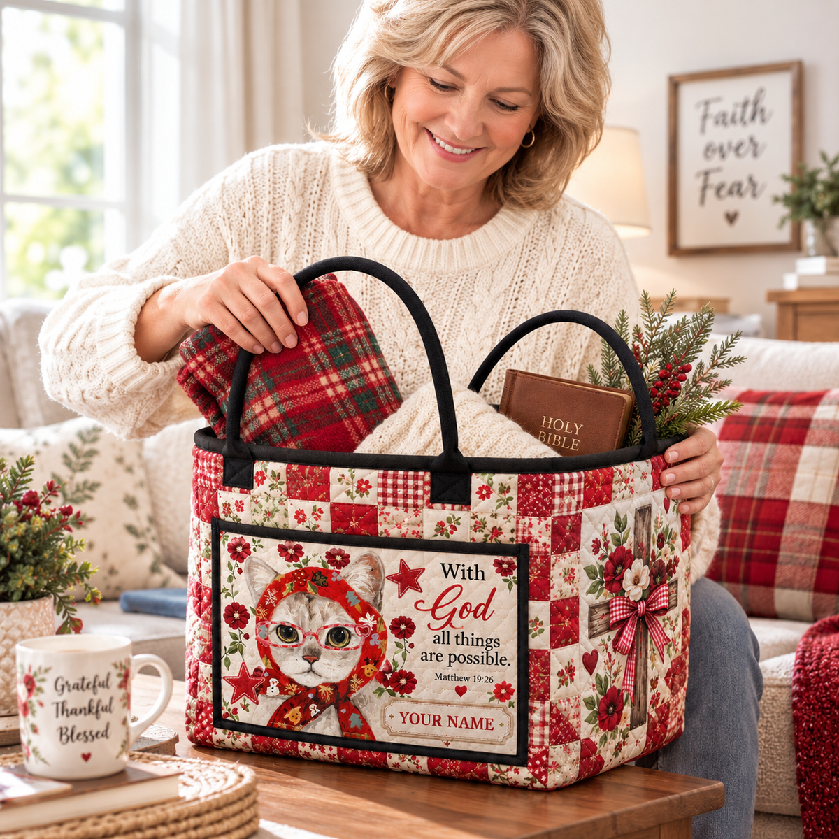 Red Scarf Cat Personalized Quilted Storage Basket