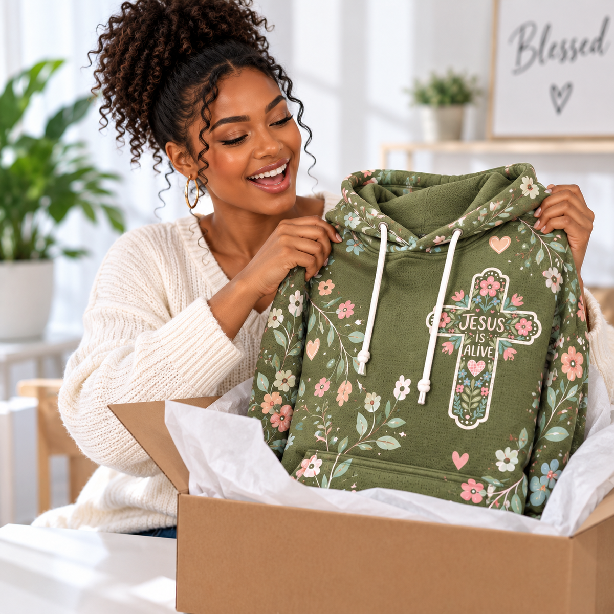 Olive Green Floral Hearts Waffle Hoodie