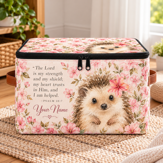 Pink Floral Hedgehog Personalized Square Storage Basket With Lid