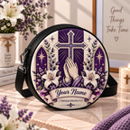 Purple Cross Praying Hands Personalized Leather Round Bag