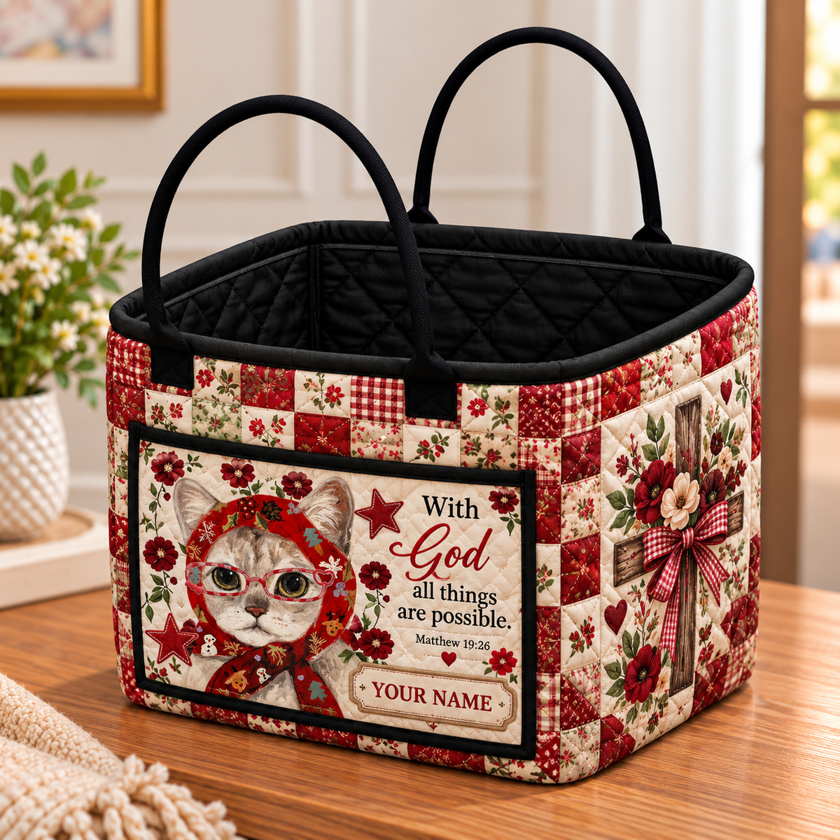 Red Scarf Cat Personalized Quilted Storage Basket