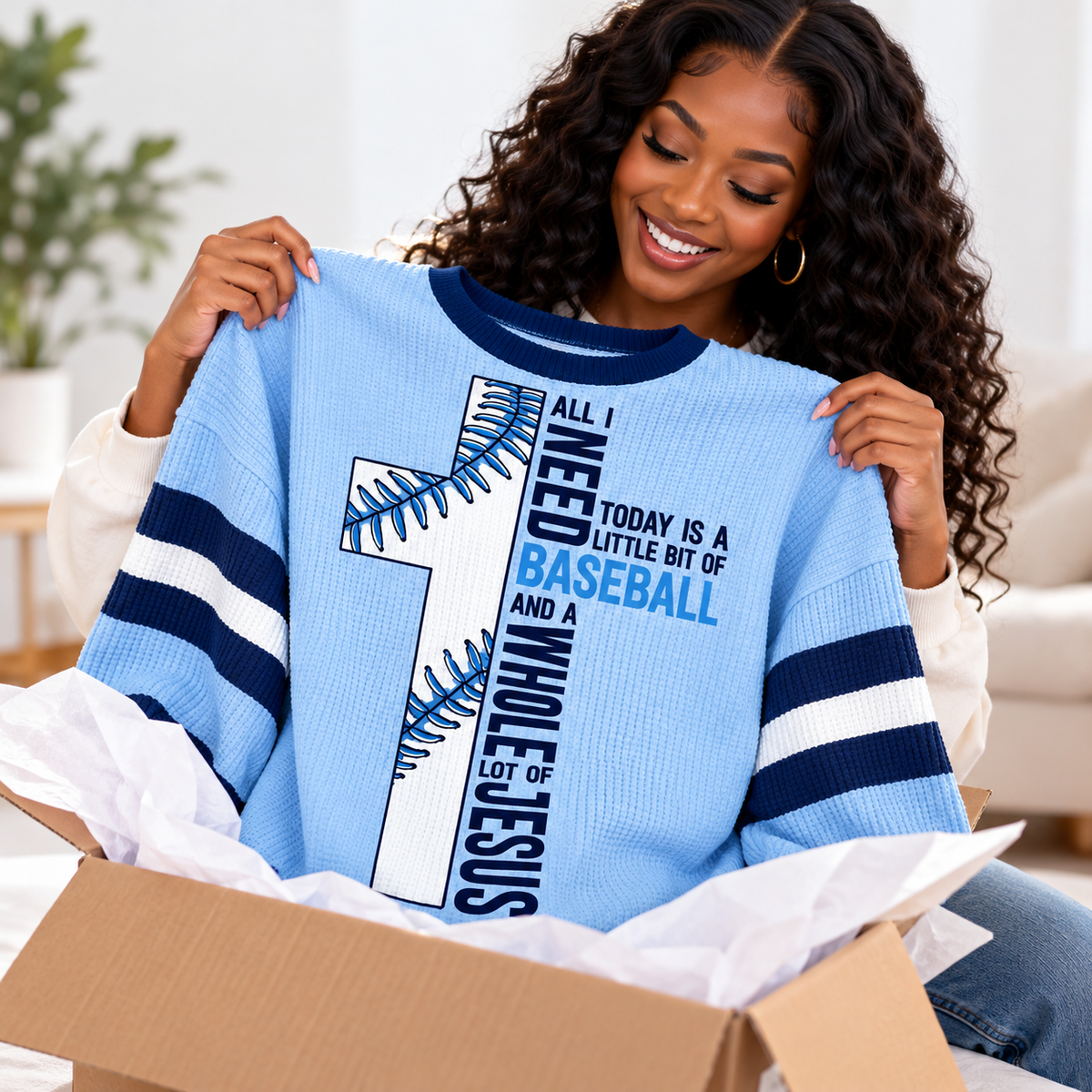 Light Blue Baseball Stitch Waffle Sweatshirt