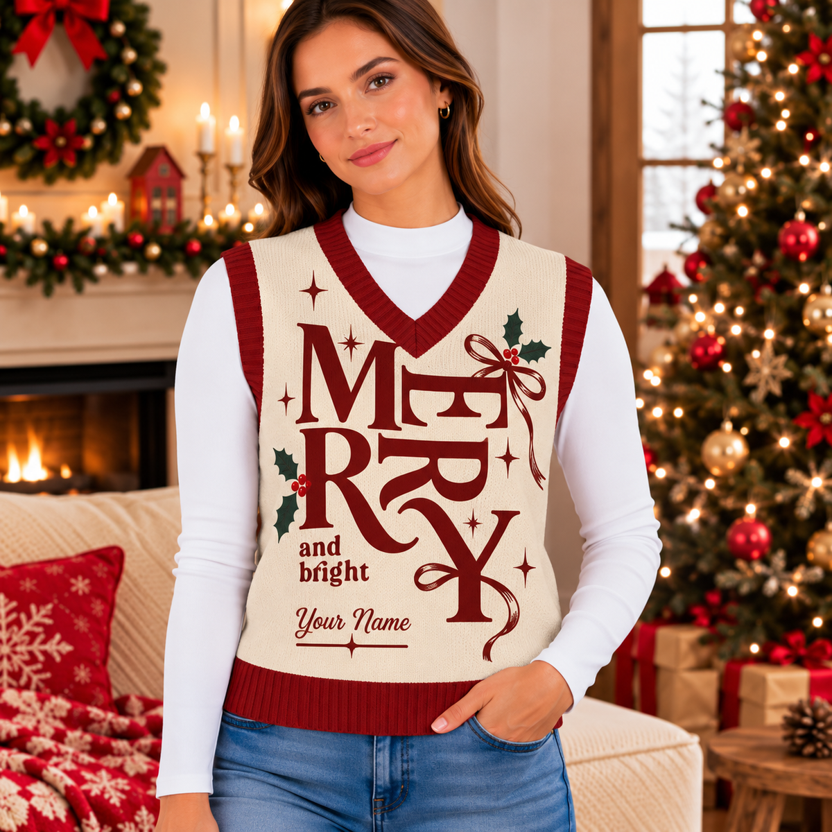 Personalized Merry and Bright Knitted V-Neck Vest