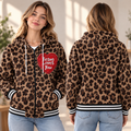 Leopard Print Red Heart Zip-up Baseball Jacket