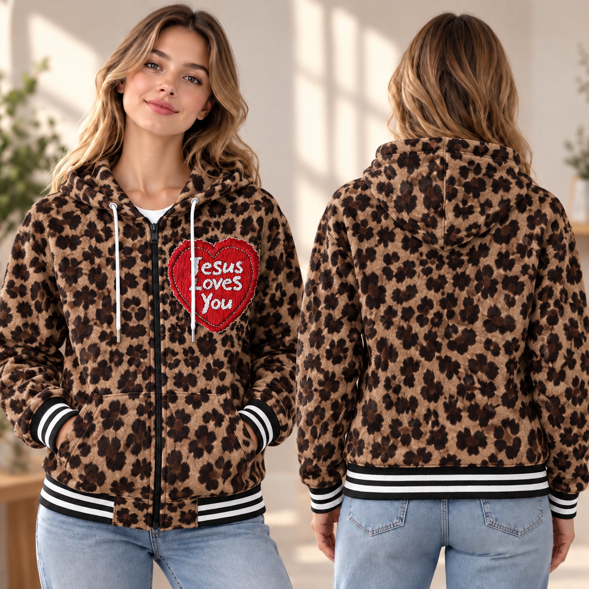 Leopard Print Red Heart Zip-up Baseball Jacket