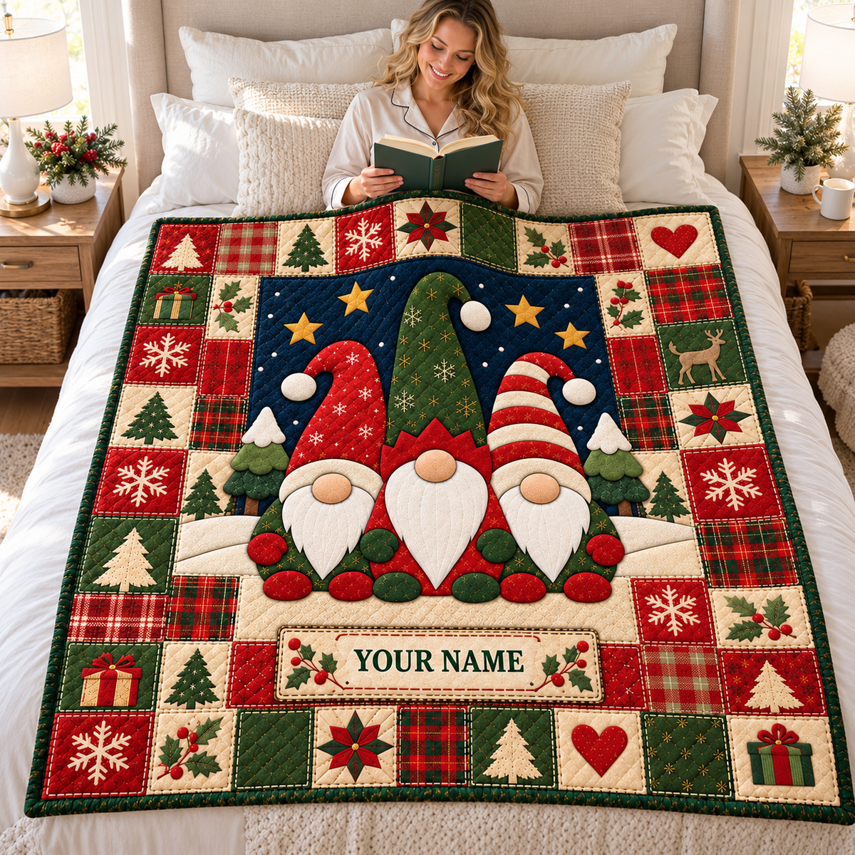 Winter Gnome Trio Patchwork Personalized Quilt
