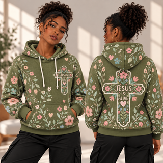 Olive Green Floral Hearts Waffle Hoodie
