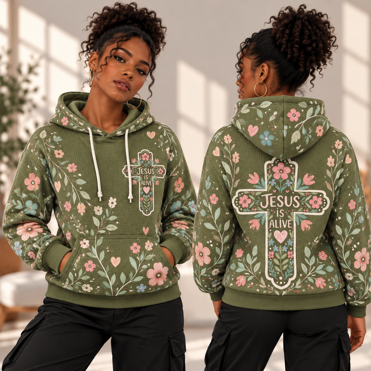 Olive Green Floral Hearts Waffle Hoodie