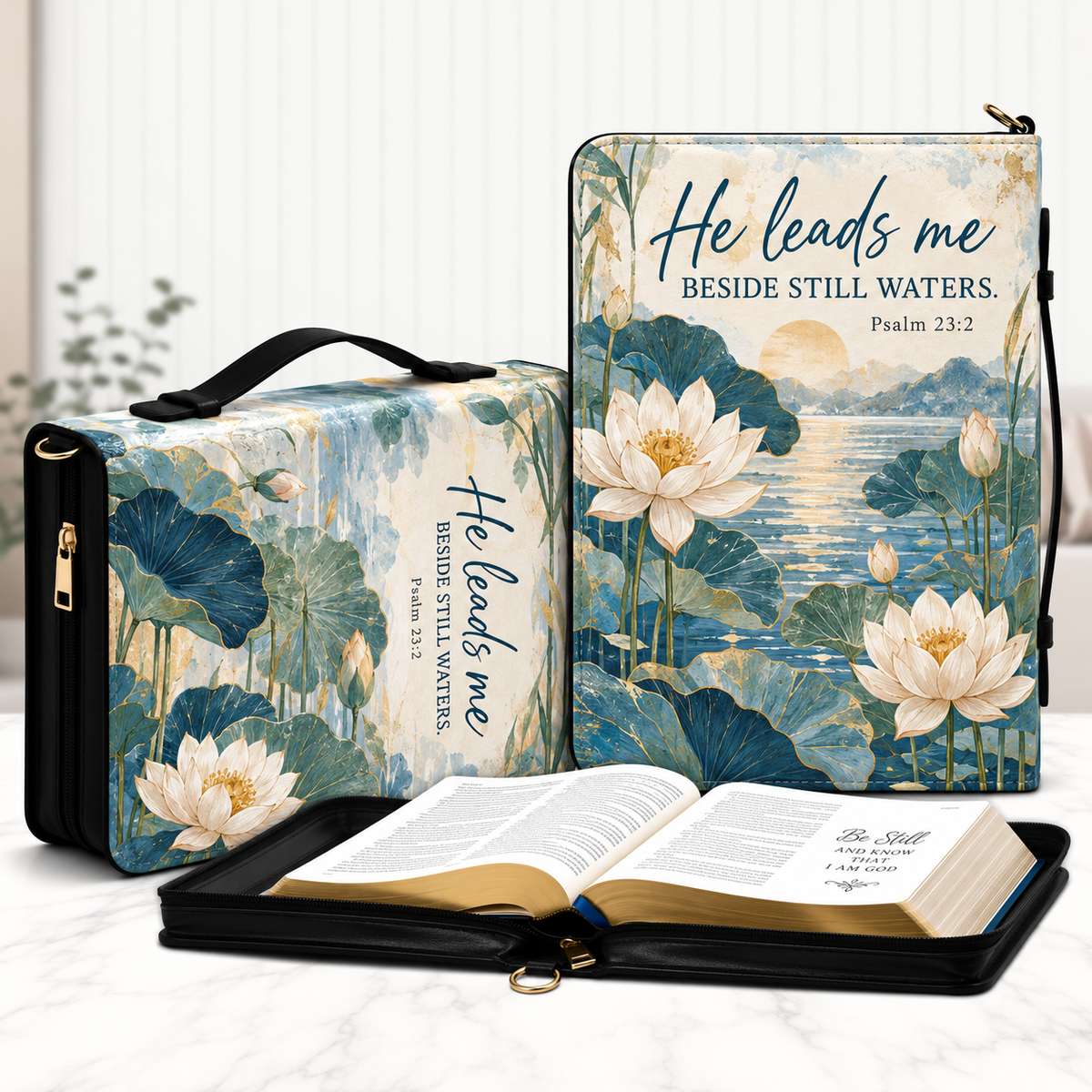He Leads Me Beside Still Waters Lotus Bible Cover