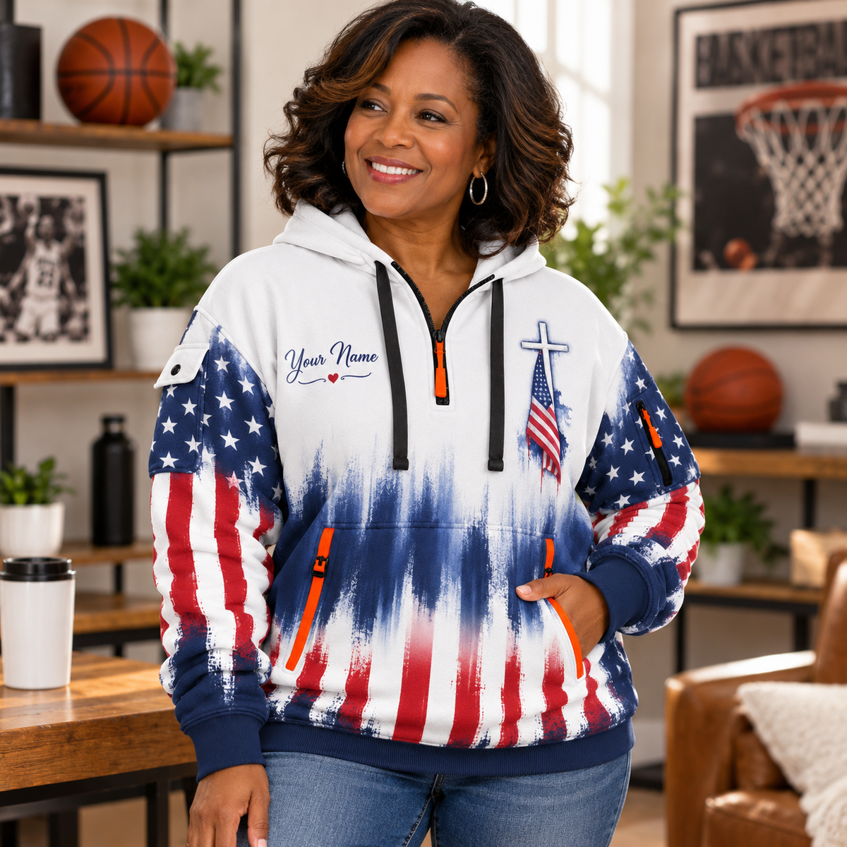 American Flag Personalized Half-Zip Hoodie
