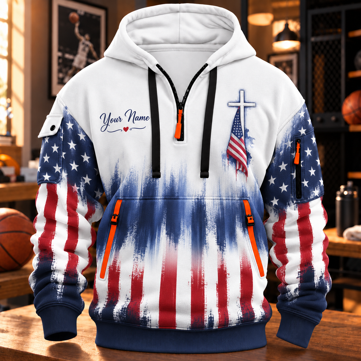 American Flag Personalized Half-Zip Hoodie
